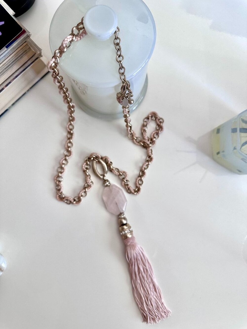 Chico's Gold Woven Statement Necklace Pink Hexagon Stone Tsssel.